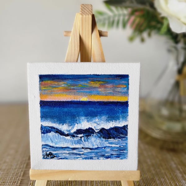 Original acrylic painting ocean sunset mini canvas seascape 