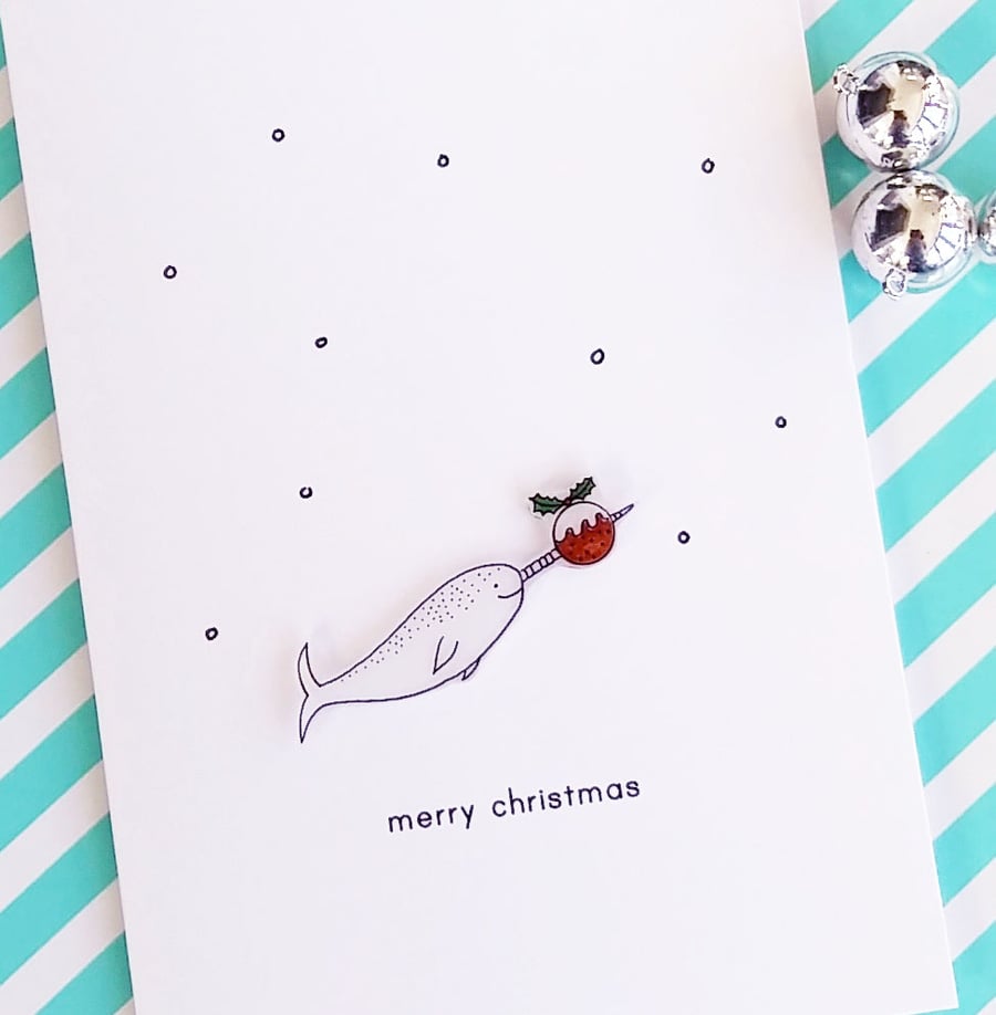 christmas card - narwhal and christmas pudding