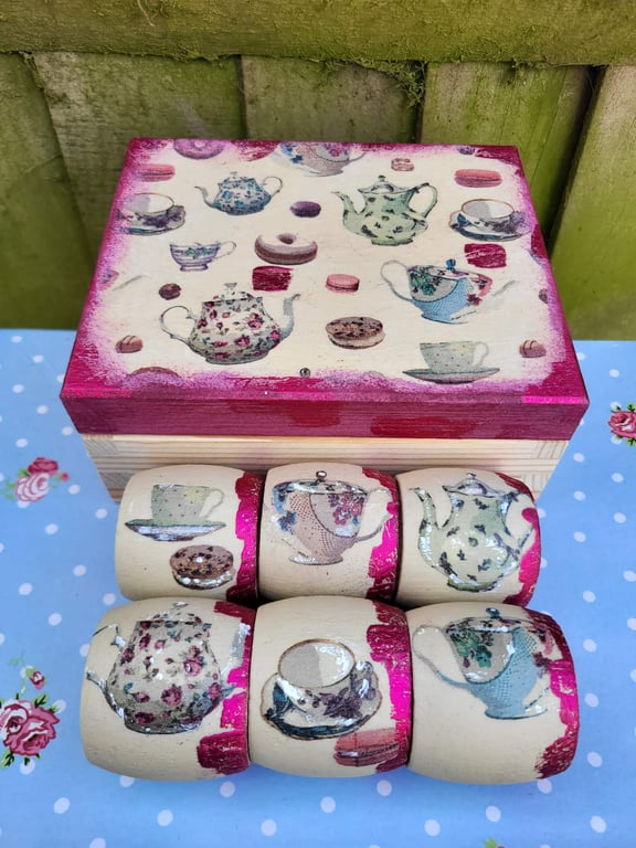 Tea Party Wooden Napkin Rings - Set of 6 with Gift Box - Alice Inspired Decor