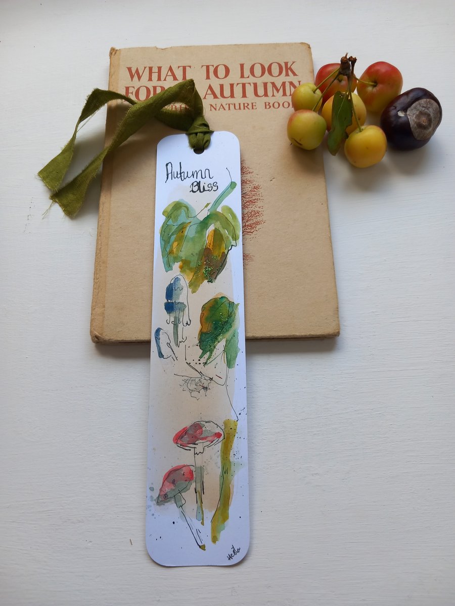  'Autumn bliss' Hand drawn and painted bookmark with silk ribbon '