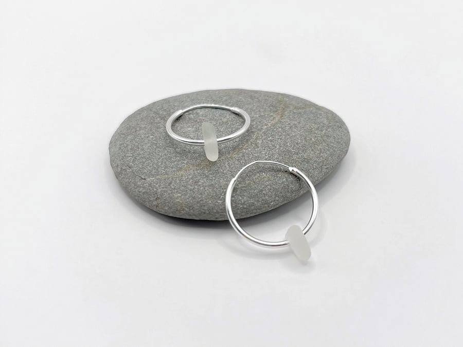 Cornish Sea Glass on 18mm or 30mm Hoop Earrings - White