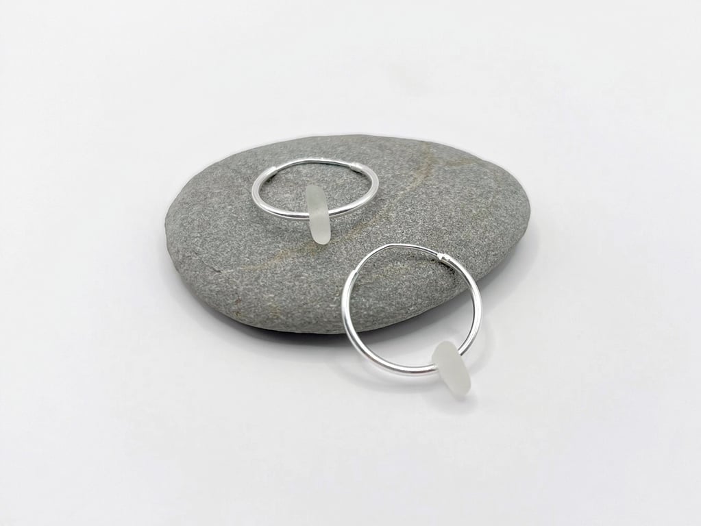 Cornish Sea Glass on 18mm or 30mm Hoop Earrings - White