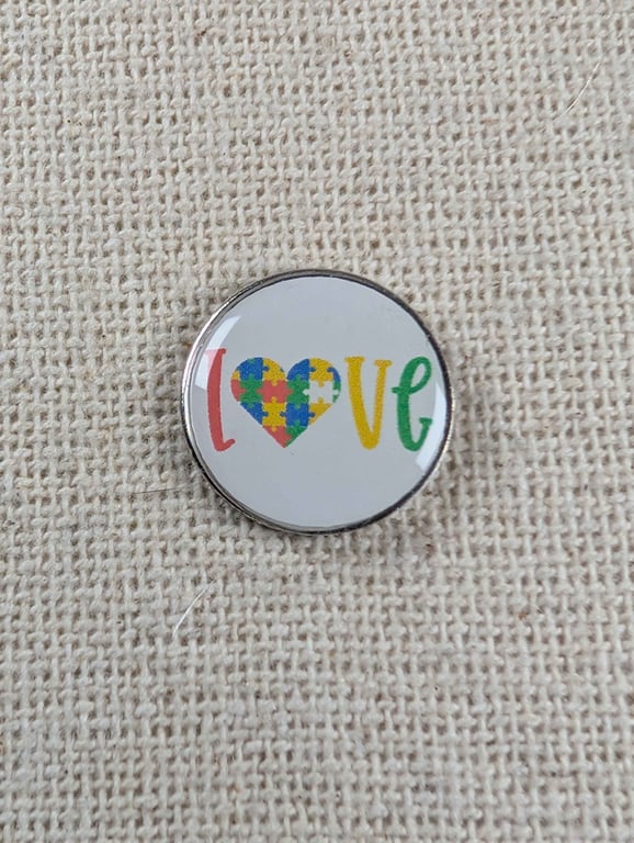 Love Autism Awareness Pin Badge - Rainbow Colours Puzzle Pieces - Large Resin