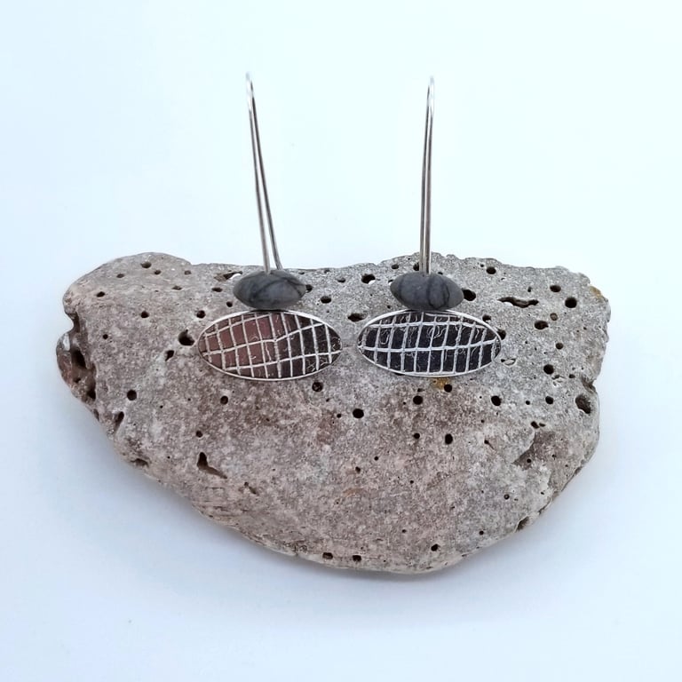 Handmade Sterling Silver Oval, Grey Jasper Gemstone, Drop Earrings