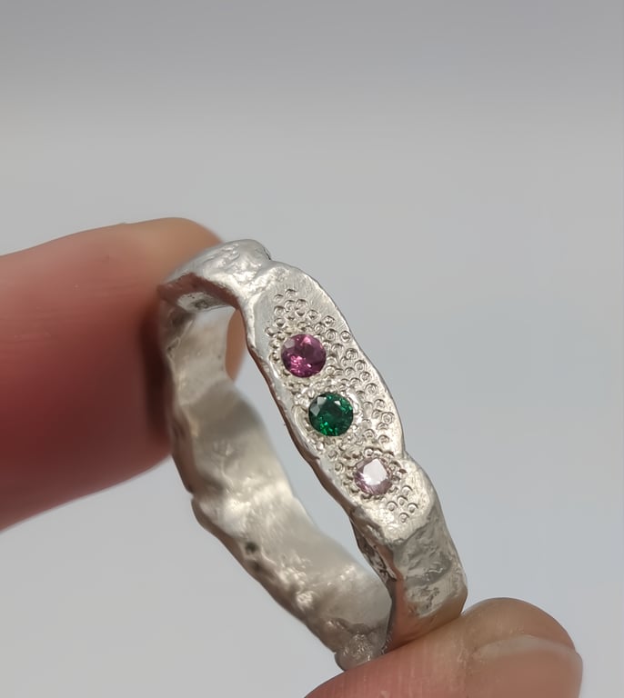 Hand-Forged Silver Signet Ring with Green & Pink CZ Gems and Rhodolite Garnet