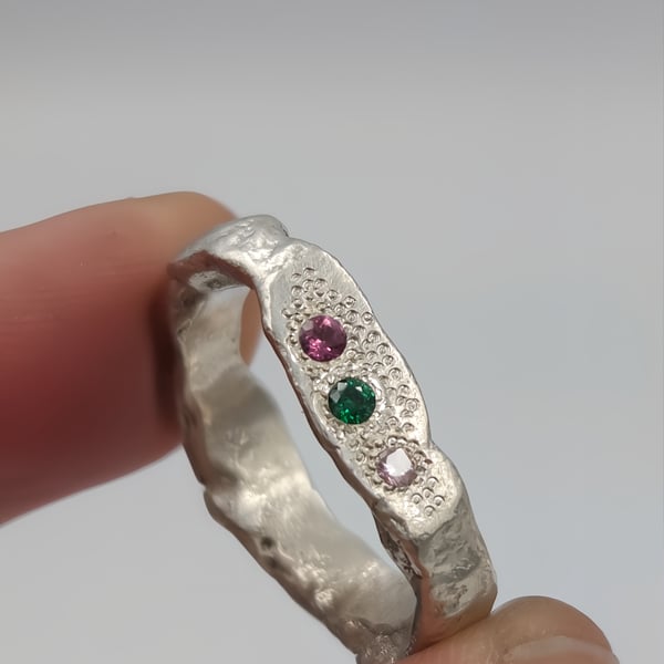 Hand-Forged Silver Signet Ring with Green & Pink CZ Gems and Rhodolite Garnet