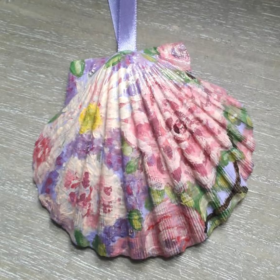 'Pink flowers' handpainted king scallop shell wall art.  
