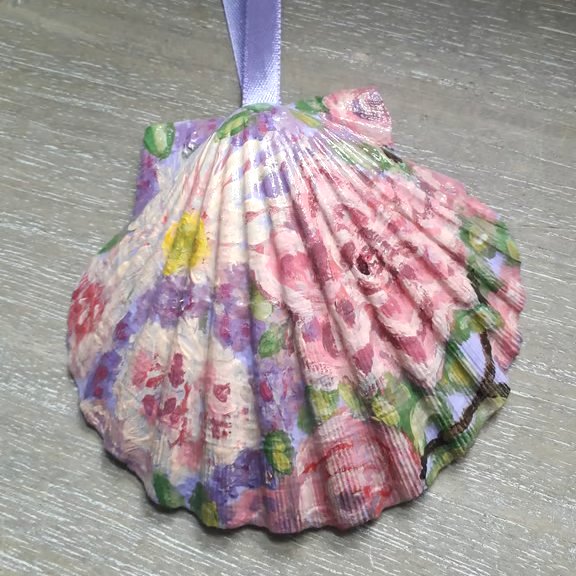 'Pink flowers' handpainted king scallop shell wall art.  