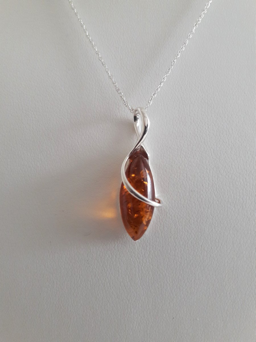 Amber Marquise Twist and Sterling Silver Pendant, Baltic Amber, Gift for Her