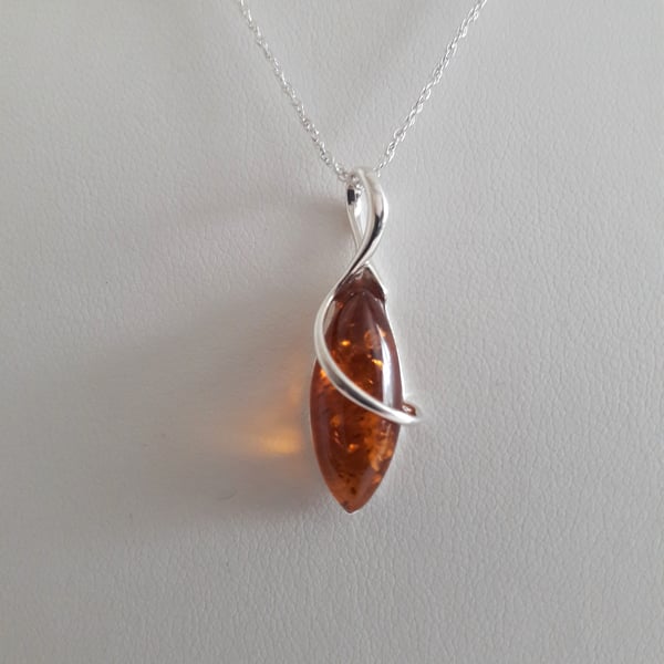 Amber Marquise Twist and Sterling Silver Pendant, Baltic Amber, Gift for Her