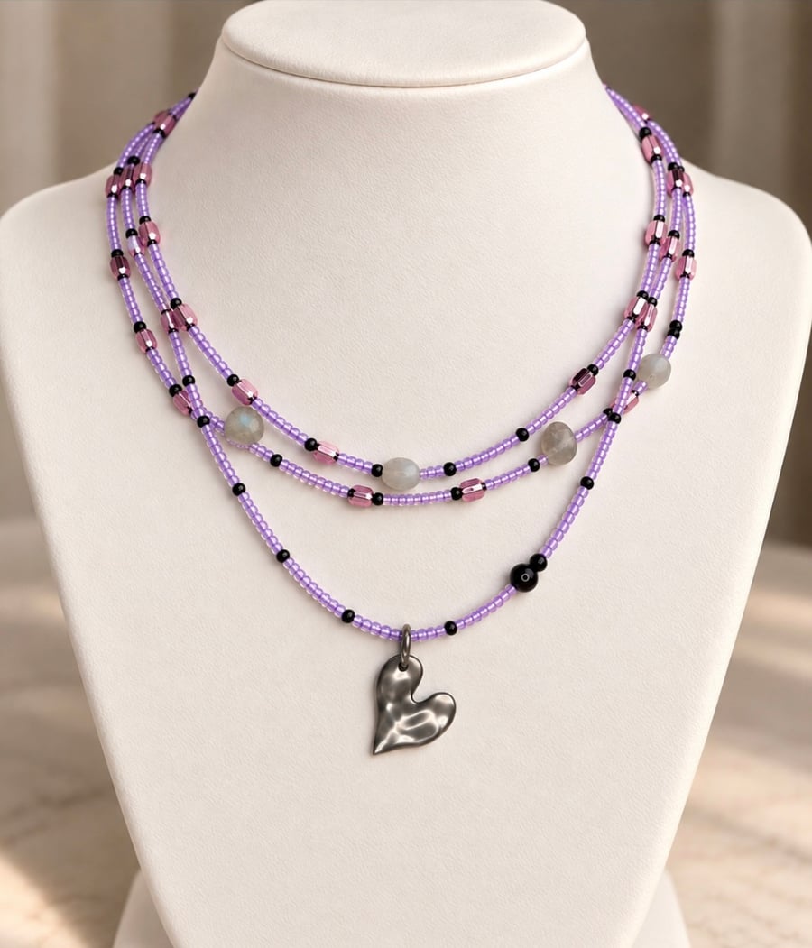 Handmade Lilac Beaded Necklace Labradorite Gemstones and Silver Heart Pendant
