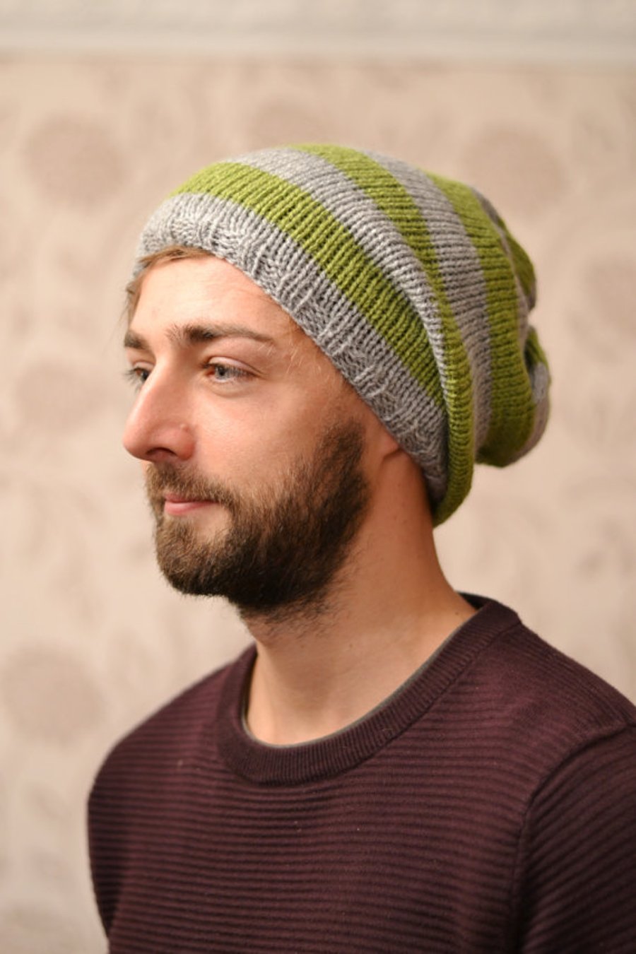 Mens Grey and Meadow Green Knitted Oversized Slouchy Beanie