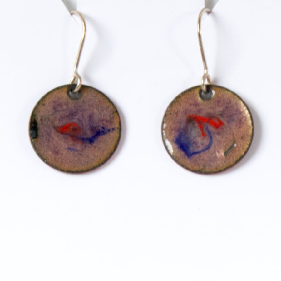 scrolled enamel earrings - round -  blue and red on clear enamel