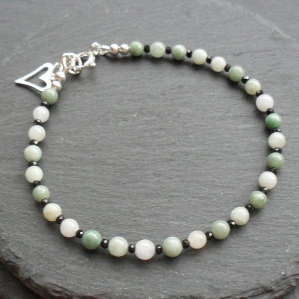 Burmese Jadeite and Black Spinel Dainty Sterling Silver Bracelet 