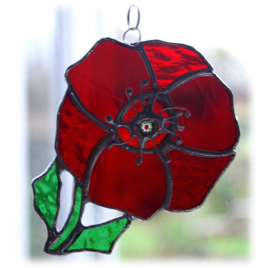 Poppy Suncatcher Stained Glass Handmade Red Flower 025