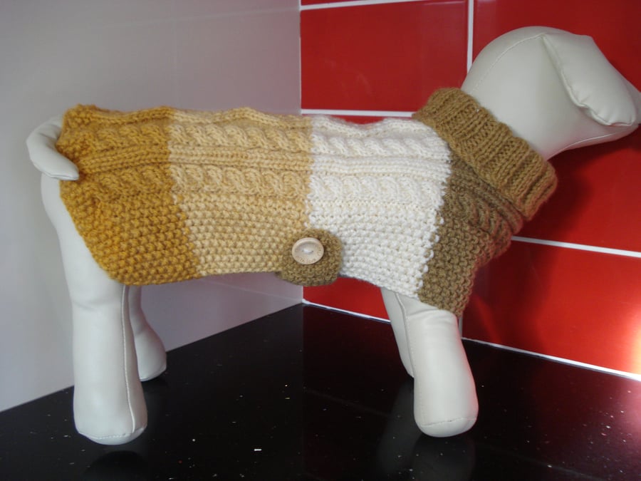 Medium Dog Coat Jumper Knitted In Aran Ombre Yarn Tones Of Gold And Brown