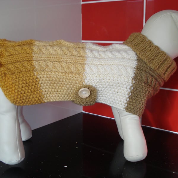 Medium Dog Coat Jumper Knitted In Aran Ombre Yarn Tones Of Gold And Brown