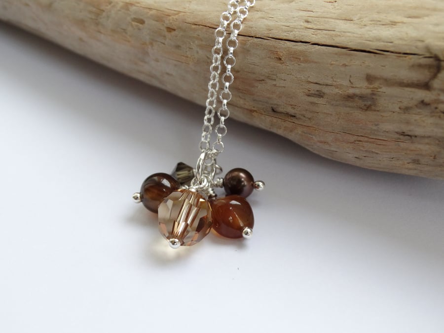 Semi precious gemstone charm cluster pendant in coffee colours