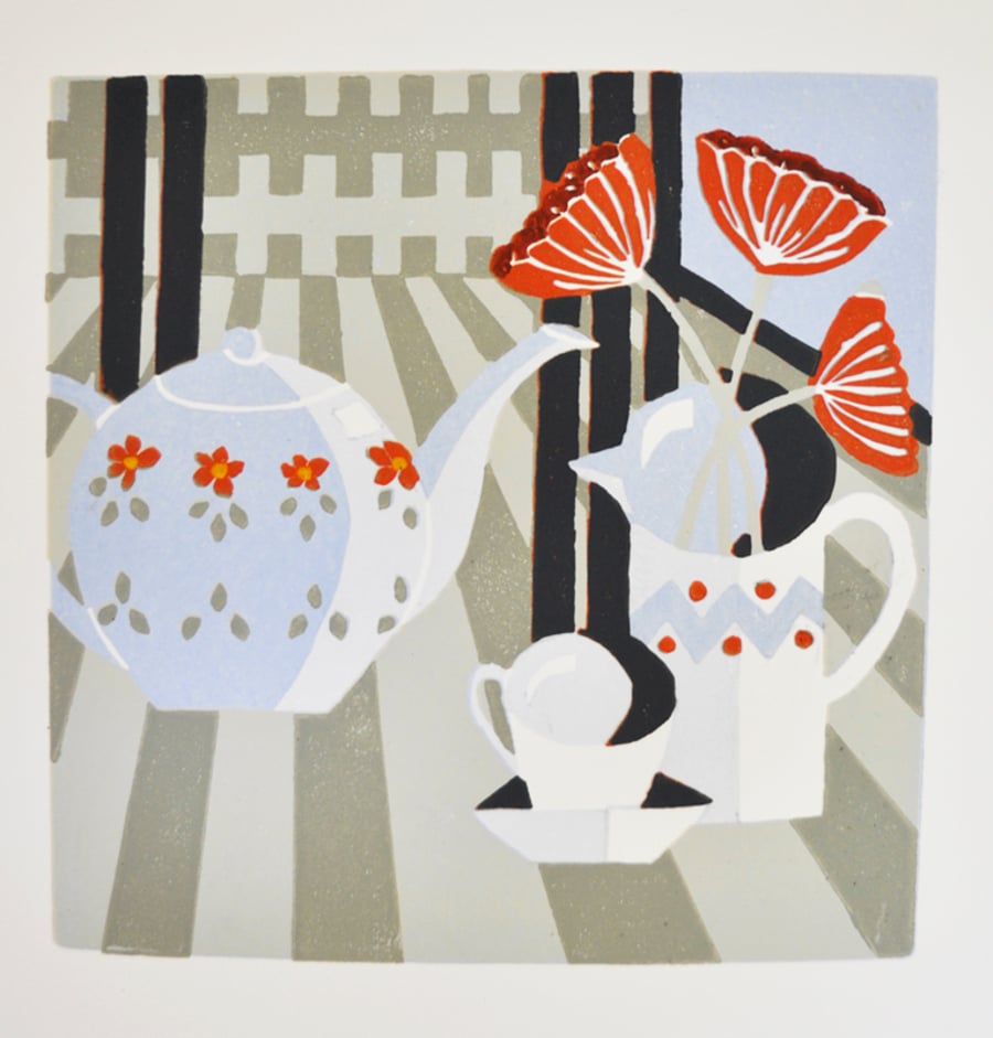 The tables set.   Original lino print.