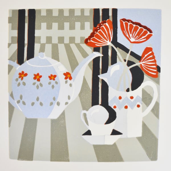 The tables set.   Original lino print.