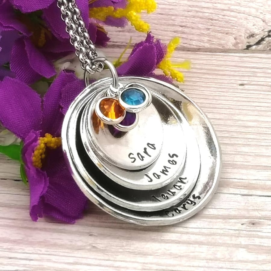 Four Name Necklace With Birthstones - Grandmother Necklace - Multiple Names