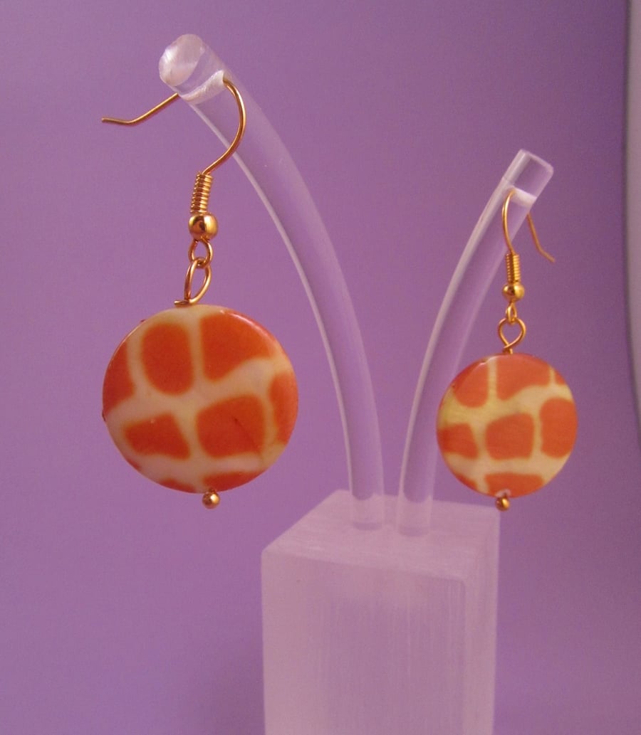 Orange Giraffe Print Shell Earrings