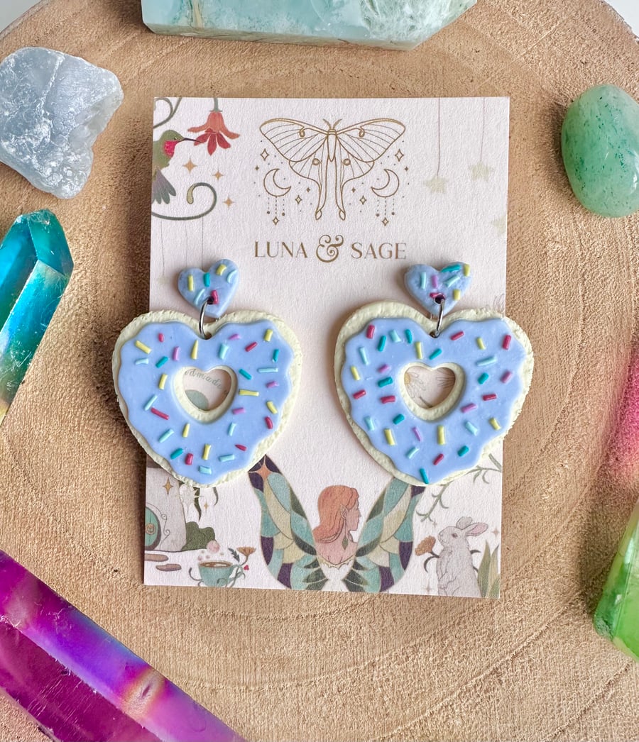 Handmade Heart Iced Biscuit doughnut with sprinkles Polymer Clay Earrings