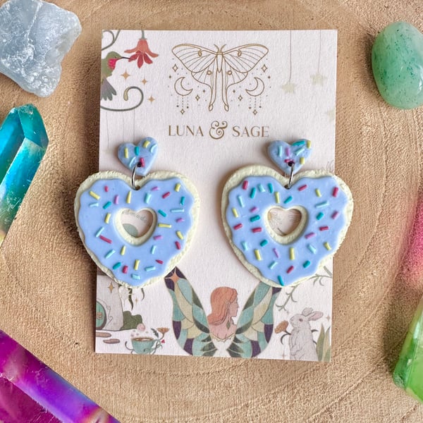 Handmade Heart Iced Biscuit doughnut with sprinkles Polymer Clay Earrings