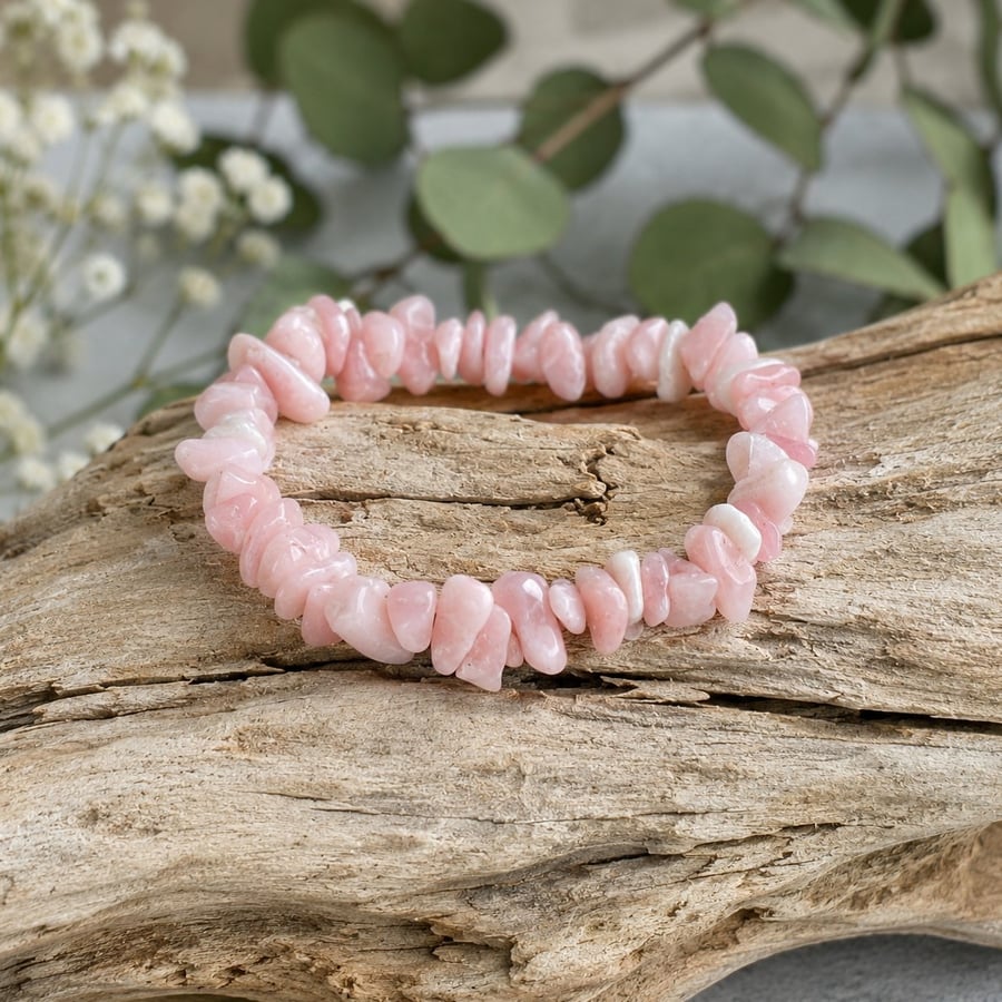 Natural Pink Opal Chip Bracelet – Handmade Stretch Gemstone Bracelet