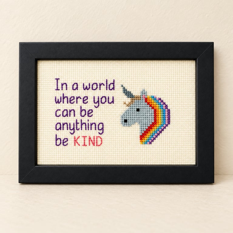 Be Kind Unicorn Cross Stitch – Handmade Framed Inspirational Gift – 6x4