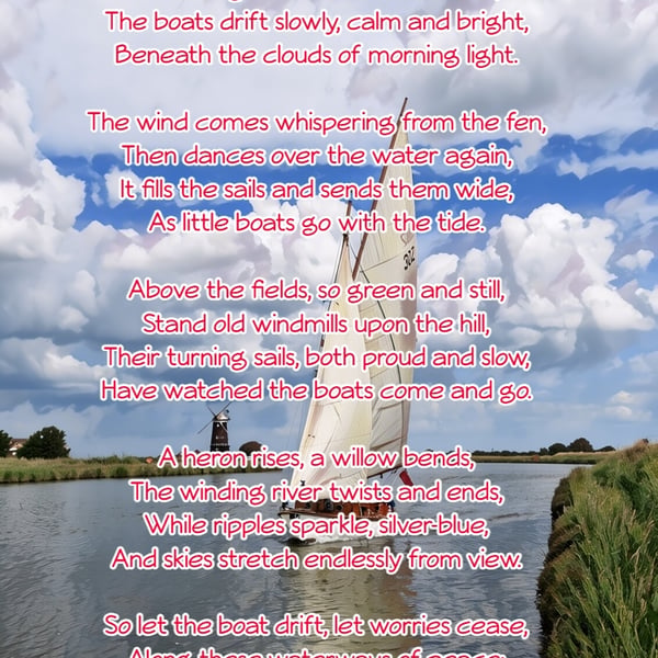 Norfolk Broads Poem Card A5 Boat & Windmill