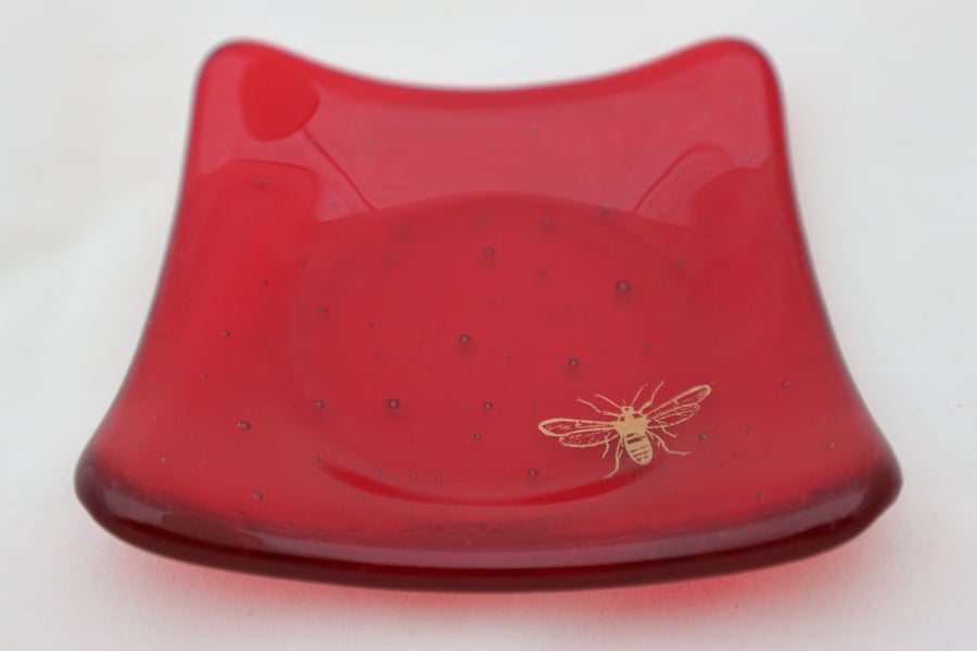 Handmade fused glass trinket bowl or soap dish - gold wasp on cherry red