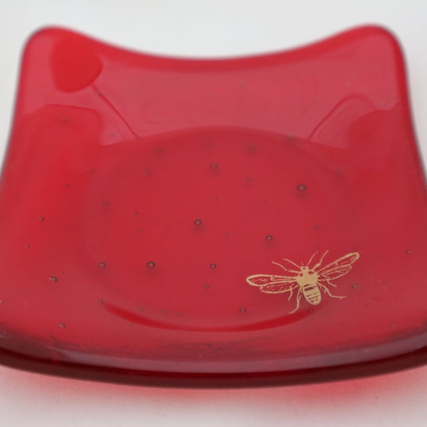 Handmade fused glass trinket bowl or soap dish - gold wasp on cherry red