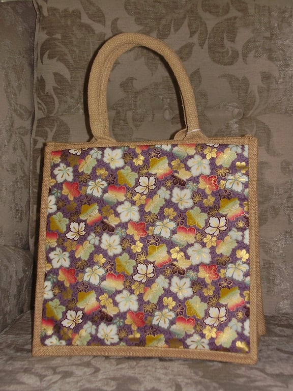 Medium Jute Bag with Fabric Pocket with Design of Autumn Coloured Leaves 