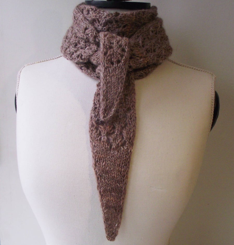 Handspun Knitted Lacy Boomerang Scarf, Merino Wool, Silk, Fawn, Peach 