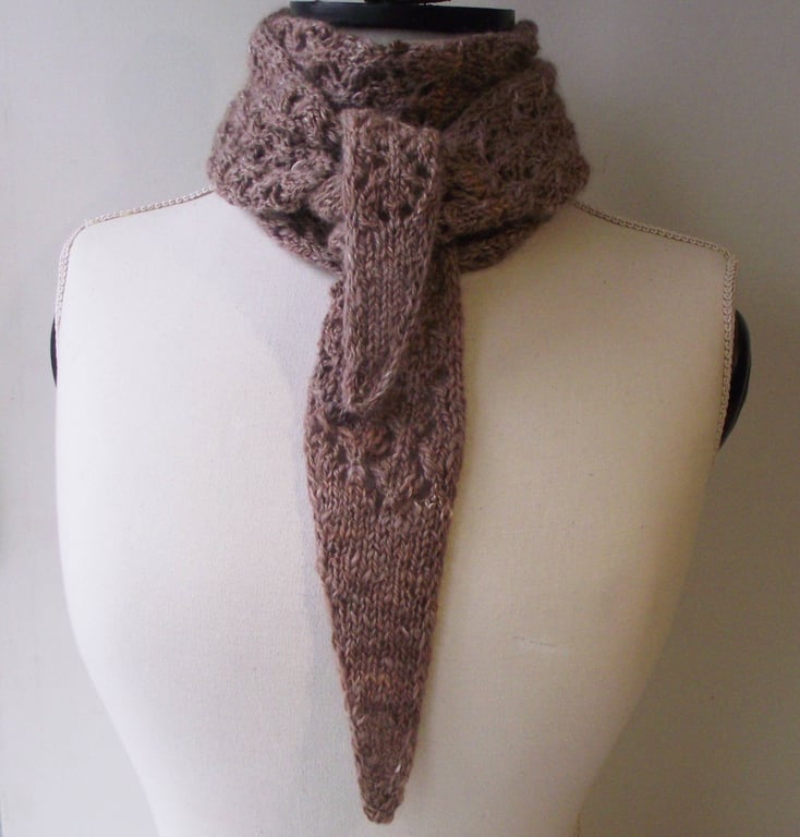 Handspun Knitted Lacy Boomerang Scarf, Merino Wool, Silk, Fawn, Peach 