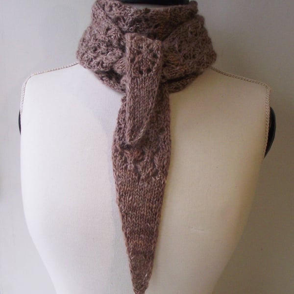 Handspun Knitted Lacy Boomerang Scarf, Merino Wool, Silk, Fawn, Peach 