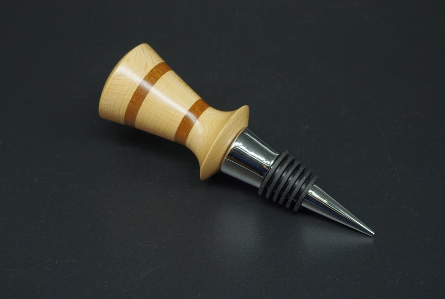 Hand Turned Wooden Bottle Stopper, Scottish Beech With Mahogany Stripes.