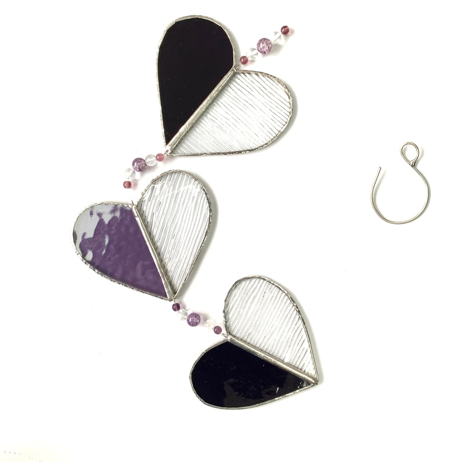 Stained Glass Hearts Suncatcher - Handmade Hanging Decoration - Purple 