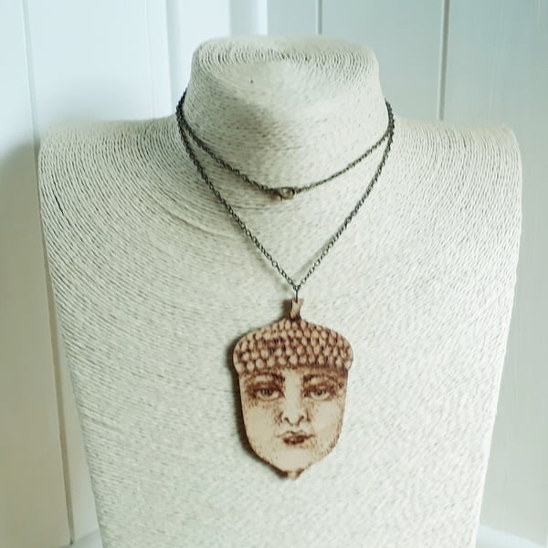 Long pyrography wooden Lady Acorn pendant