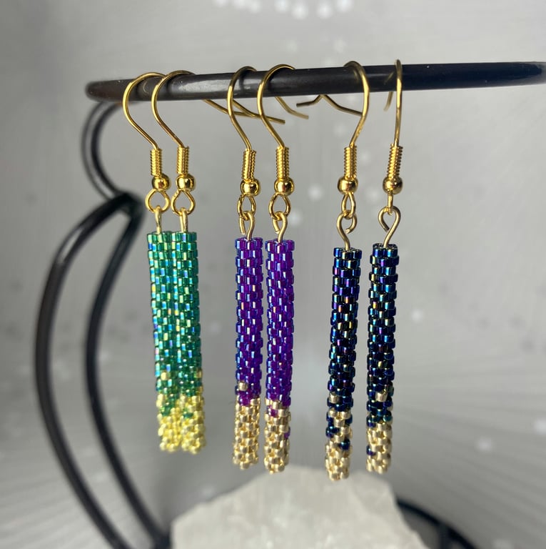 Dangle beaded dainty earrings, stick drop gold minimalist jewellery