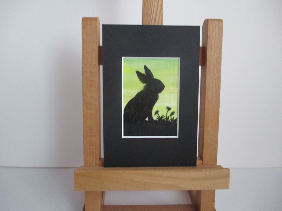 Bunny Rabbit ACEO painting Silhouette original art mounted ready to frame green