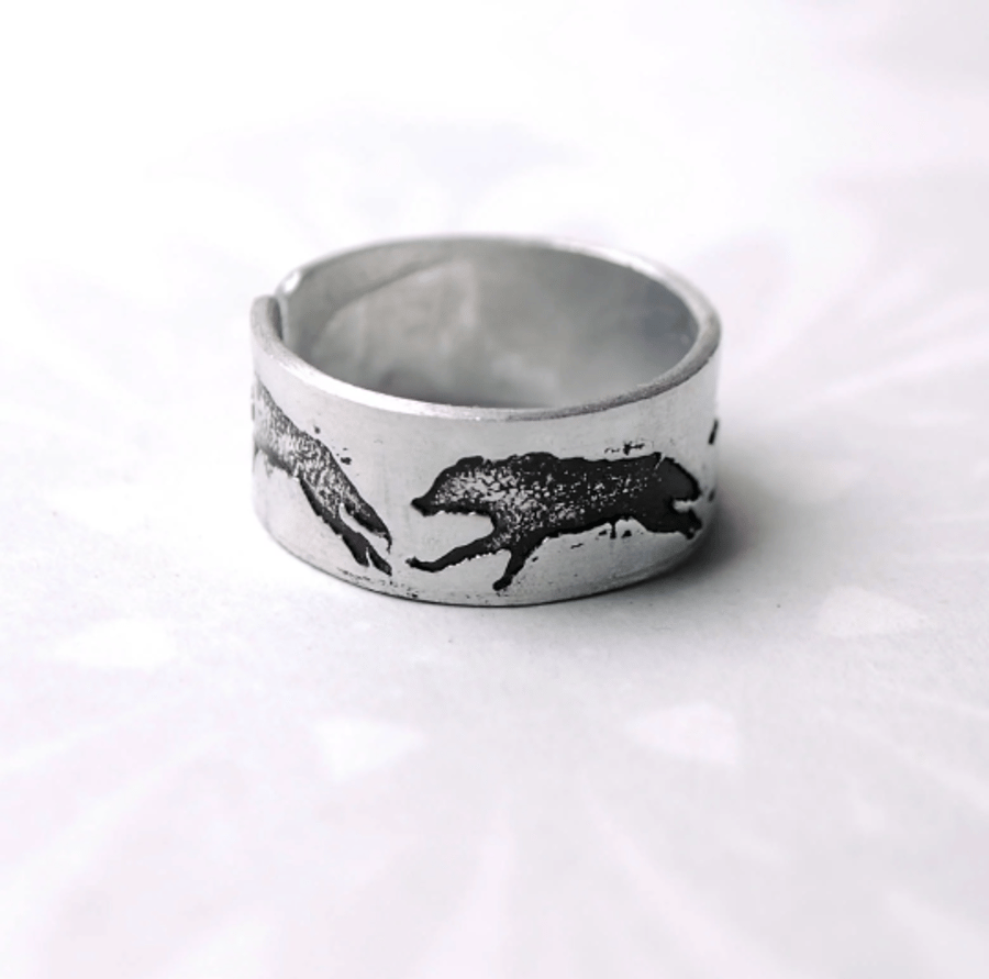 Wolf Ring, Adjustable wolf design ring, Running Wolves 