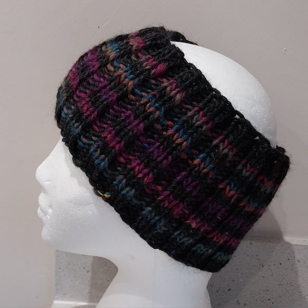 Hand Knitted stripey Merino Headband in Black M
