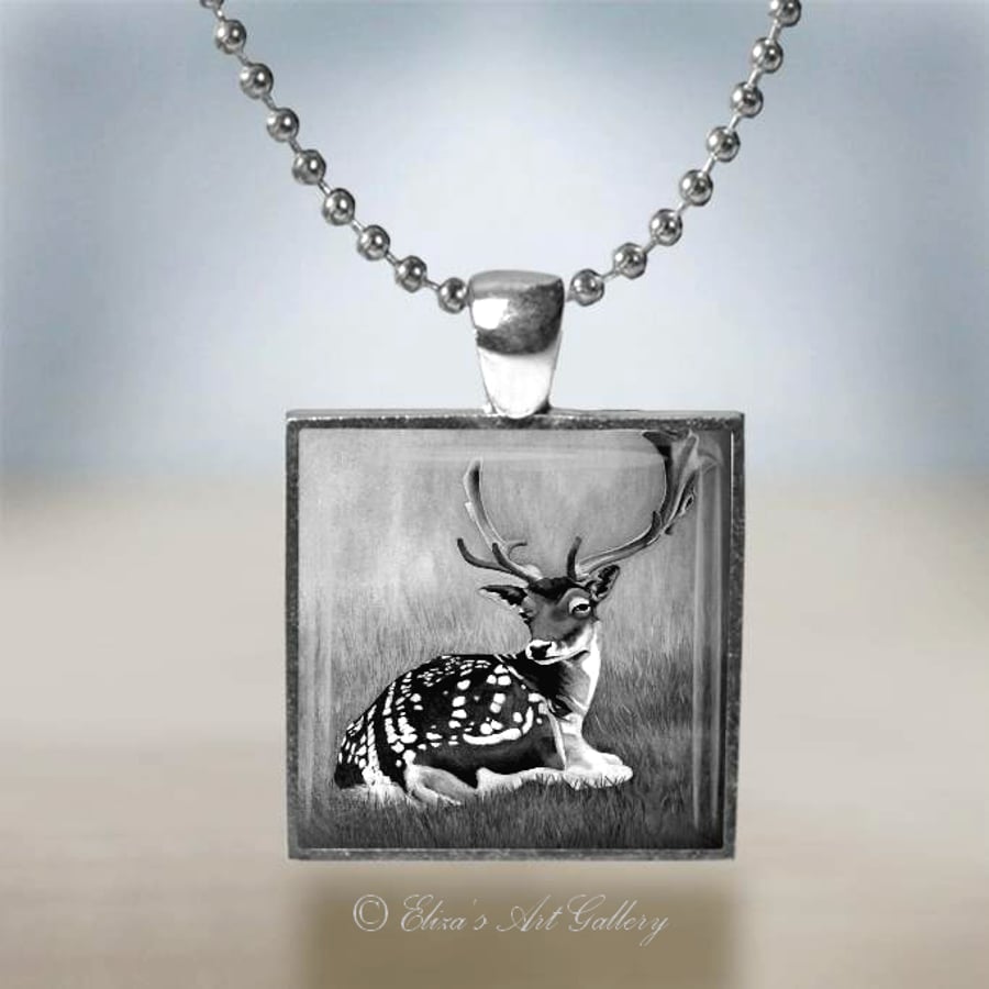 Silver Plated Black and White Fallow Deer Pendant Necklace