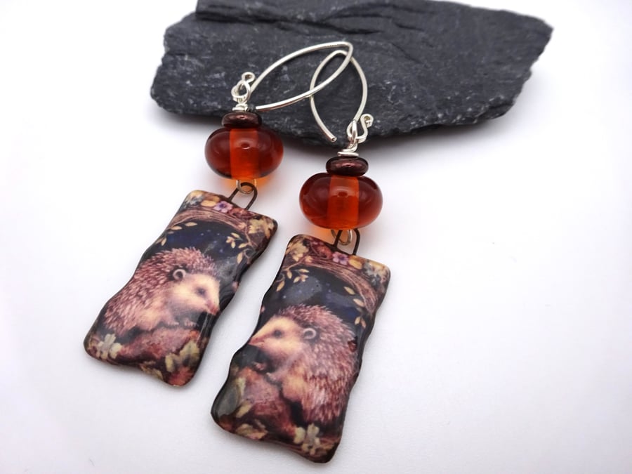 lampwork glass amber earrings, ceramic hedgehog