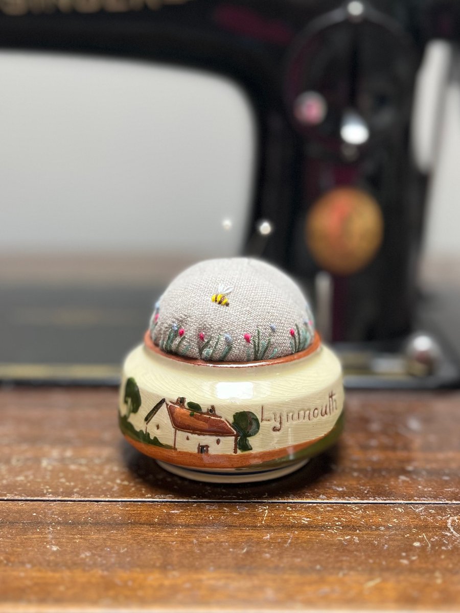 Mottoware pin cushion ‘still waters run deep’ embroidered flowers and bee