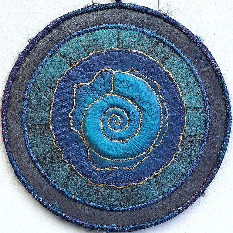 AMP920 - Ammonite Mandala Wall Hanging-17.5cm diameter - Pewter-Jade-Blue-Gold