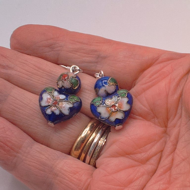 Cobalt Blue Cloisonne Heart & Round Bead Earrings, Gift for Her, Heart Earrings