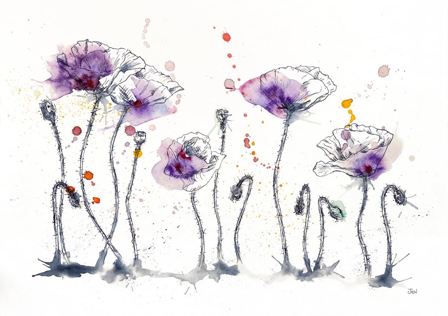 Purple Poppies watercolour print, flower painting, ink drawing